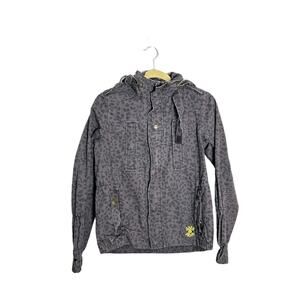 Obey 100% Cotton Leopard Print Hidden Hood Zip Front Jacket Size Medium